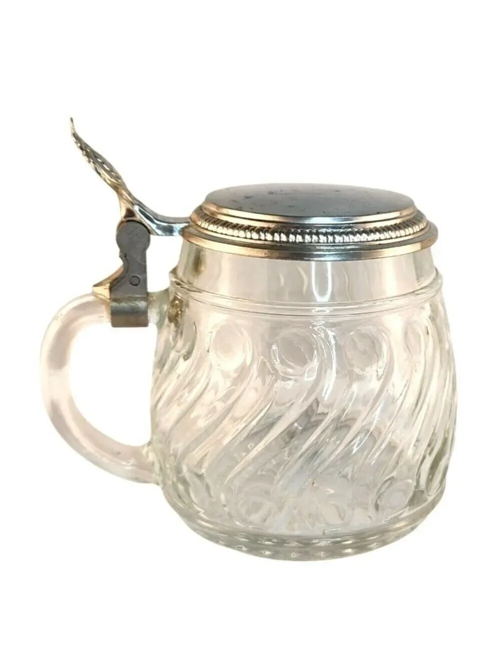 Original BMF W. Germany Glass Stein Pewter Lid Vintage Etched Glass Tankard Swir